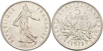 Франция 5 франков 1973 сеятель KM 926а.1, Le Franc 341.5 никель плакированный медно-никелем 4552-413