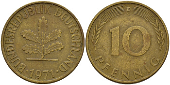 ФРГ 10 пфеннигов 1971 D J. 383, KM 108 сталь плакированная латунью    4603-351