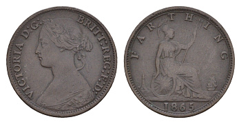Великобритания 1 фартинг 1865 Виктория (1837-1901) KM 747.2, Spink 3958 бронза 4658-919