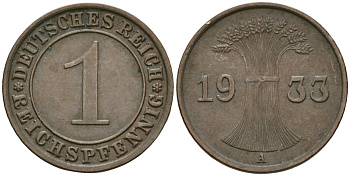 Германия 1 рейхспфенниг 1933 A KM 37, J. 313 бронза 4189-1219