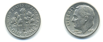 США 10 ЦЕНТОВ = 1 ДАЙМ 1966 РУЗВЕЛЬТ KM 195а медь плакированная медно-никелем 93-1117