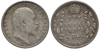 Британская Индия 2 анна 1904 Эдуард VII (1902-1910), KM 505 серебро 54-743
