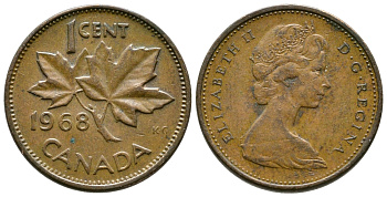 Канада 1 цент 1968 Елизавета II (1952-2022), кленовый лист KM 59.1 бронза 46-1437