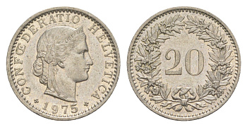 Швейцария 20 раппенов 1975 KM 29a медно-никель 4625-1212