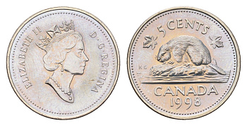 Канада 5 центов 1998 Елизавета II (1952-2022), бобр KM 183 медно-никель UNC 3336-413
