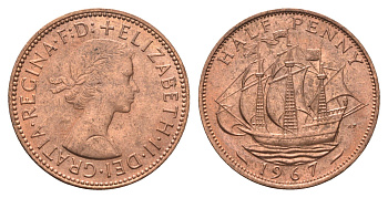 Великобритания 1/2 пенни 1967 Елизавета II (1952-2022) KM 896, Spink 4158 бронза UNC 4663-124