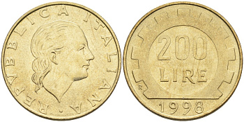 Италия 200 лир 1998 R, шестерня KM 105 алюминиевая бронза UNC 76-631