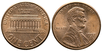 США 1 ЦЕНТ 1997 ЛИНКОЛЬН KM 201b цинк плакированный медью 72-922