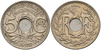 Франция 5 сантимов 1920 KM 865 медно-никель 4596-446