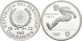 ПАРАГВАЙ 150 ГУАРАНИ 1972 ОЛИМПИЙСКИЕ ИГРЫ В МЮНХЕНЕ 1972 ГОДА, ПРЫЖКИ В ДЛИНУ, ТИРАЖ 10000 ЭКЗ. KM 33 серебро PROOF 01-172-35