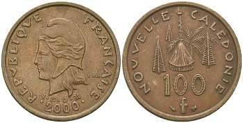 Французская Новая Каледония 100 франков 2000 хижина среди сосен и пальм, (IEOM) KM 15, Schoen 16, Lec 139d никель бронза 97-733
