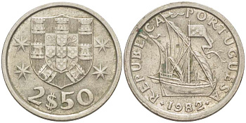 ПОРТУГАЛИЯ 2,5 ЭСКУДО 1982 ПАРУСНИК KM 590 медно-никель 4519-815