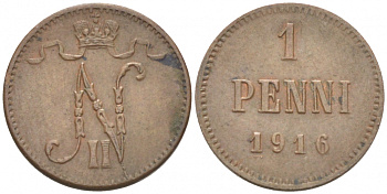 РОССИЯ ДЛЯ ФИНЛЯНДИИ 1 ПЕННИ 1916 НИКОЛАЙ II (1895-1917) KM 13, Биткин 476 медь 211-1019