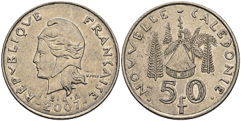 Французская Новая Каледония 50 франков 2007 хижина среди сосен и пальм, (IEOM) KM 13a, Schoen 15a, Lec 128i медно-никель 4144-1233