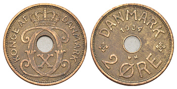 Дания 2 эре 1934 N, Кристиан X (1912-1947) KM 827 бронза 4701-815