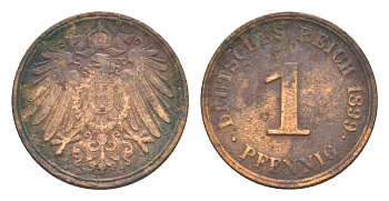 Германия 1 пфенниг 1899 J, Вильгельм II (1888-1918) KM 10, J. 10 медь 4639-1118