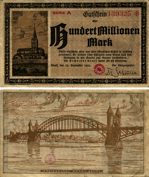 БОНН 100000000 МАРОК 1923 15 СЕНТЯБРЯ 1923, НОТГЕЛЬД, МОСТ ЧЕРЕЗ РЕЙН, СЕРИЯ А бумага 8518-38-2-2
