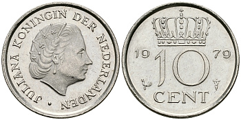 НИДЕРЛАНДЫ 10 ЦЕНТОВ 1979 ЮЛИАНА KM 182 никель 96-515