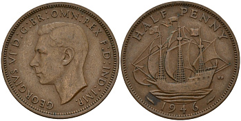 Великобритания 1/2 пенни 1946 Георг VI (1936-1952) KM 844, Spink 4115 бронза 4159-751
