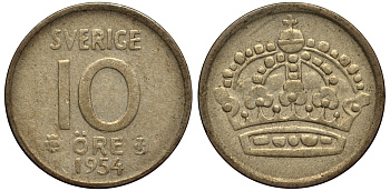 Швеция 10 эре 1954 проба 400, вес 1,44 гр. Густав VI Адольф (1950-1973) KM 823 серебро VF 4181-121