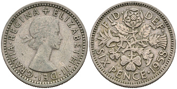 Великобритания 6 пенсов 1958 Елизавета II (1952-2022) KM 903, Spink 4149 медно-никель 75-1537