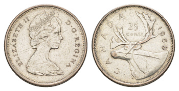 Канада 25 центов 1968 Елизавета II (1952-2022), олень KM 62a серебро 4631-557