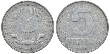 ГДР 5 пфеннигов 1975 A KM 9.1 алюминий 62-253