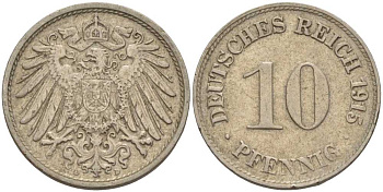 ГЕРМАНИЯ 10 ПФЕННИГОВ 1915 D KM 12, J. 13 медно-никель 08-1342