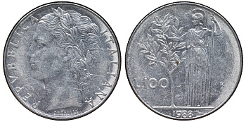 Италия 100 лир 1988 R KM 96.1 нержавеющая сталь 4590-1226