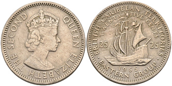 Британские Восточно-Карибские территории 25 центов 1965 Елизавета II (1952-2022), парусник KM 6 медно-никель 4575-1036