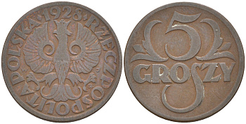 ПОЛЬША 5 ГРОШЕЙ 1928 w KM 10a бронза 187-568