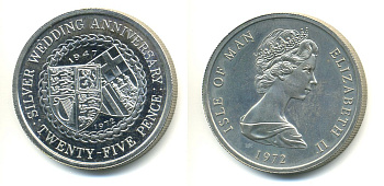 Остров Мэн 25 пенсов 1972 25 лет свадьбы Елизаветы II и Филиппа, гербы КМ 25 медно-никель BU 58-614