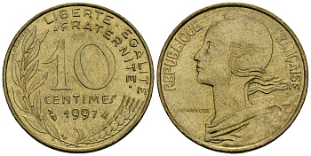 Франция 10 сантимов 1997 тип Marianne KM 929 алюминиевая бронза 4136-435