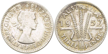 Австралия 3 пенса 1957 m, Елизавета II (1952-2022) KM 57 серебро 4516-151