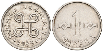 ФИНЛЯНДИЯ 1 МАРКА 1956 KM 38а железо плакированное никелем 192-1213