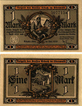 ЭРБАХ ОДЕНВАЛЬД 1 МАРКА 1918 НОТГЕЛЬД, 1918 - 1 АПРЕЛЯ 1919, ЗЕМЛЯ ГЕССЕН Geiger 135.01 бумага 6318-48-2-1