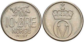 Норвегия 10 эре 1967 пчела, Улаф V (1958-1991) KM 411 медно-никель 4152-454