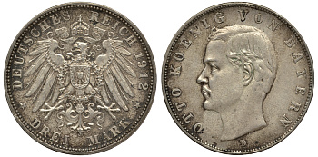 Бавария 3 марки 1909 Отто (1886-1913) Weege 45, J. 47, KM 515 серебро 413-5312