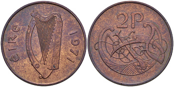 Ирландия 2 пенса 1971 виньетка в виде стилизованной птицы из второй библии Карла II лысого KM 21 бронза 67-845