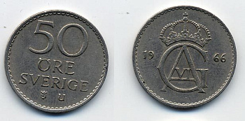 Швеция 50 эре 1966 U, Густав VI Адольф (1950-1973) KM 837 медно-никель 23-843