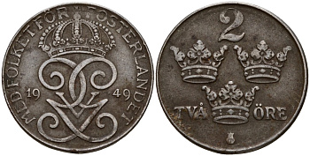 Швеция 2 эре 1949 Густав V (1907-1950) KM 811 железо 4189-738