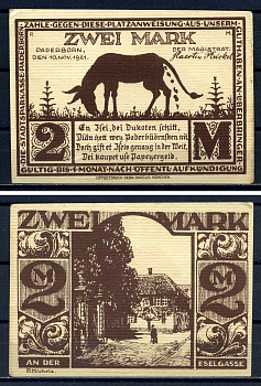 Падерборн (Вестфалия) 2 марки 1921 Эзельгассе в Падерборн DeNG 1/2 1043.5-5/5 картон UNC (пресс) 7556-3-4-1