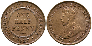 АВСТРАЛИЯ 1/2 ПЕННИ 1927 ГЕОРГ V KM 22 бронза 4384-223