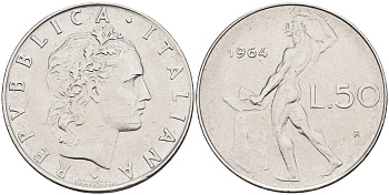 Италия 50 лир 1964 R, бог огня Вулкан у наковальни KM 95.1 нержавеющая сталь 4595-356