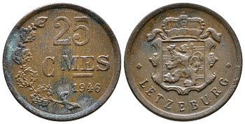 Люксембург 25 сантимов 1946 Шарлотта (1918-1964) KM 45 бронза 220-627