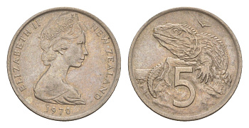 Новая Зеландия 5 центов 1970 Елизавета II (1952-2022), ящерица гаттерия KM 34.1 медно-никель 4178-324