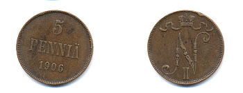 РОССИЯ ДЛЯ ФИНЛЯНДИИ 5 ПЕННИ 1906 Биткин 447 медь 53-642