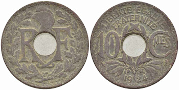 ФРАНЦИЯ 10 САНТИМОВ 1924 ТИП ЛИНДАЙЁ KM 866а, LE FRANC 138.10 медно-никель 108-144