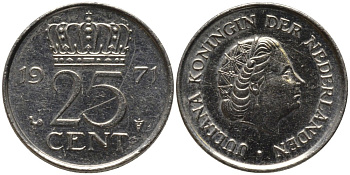 Нидерланды 25 центов 1971 Юлиана (1948-1980) KM 183 никель 116-518
