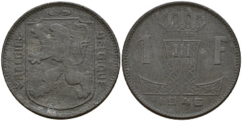 Бельгия 1 франк 1946 Belgie - Belgique, Леопольд III (1934-1947), германская оккупация, Вторая мировая война KM 128 цинк 4161-625